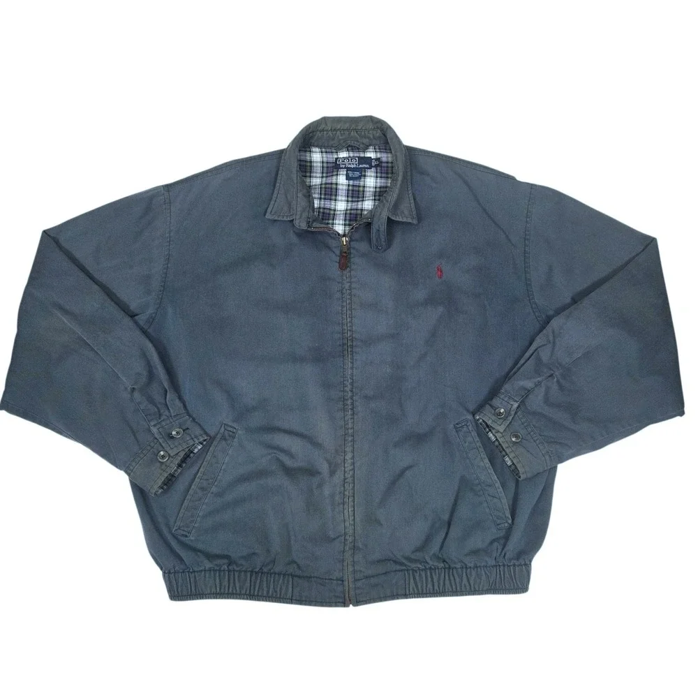 Vintage 90s Polo Ralph Lauren‎ Harrington Bomber Jacket Plaid Lined Blue Mens XL